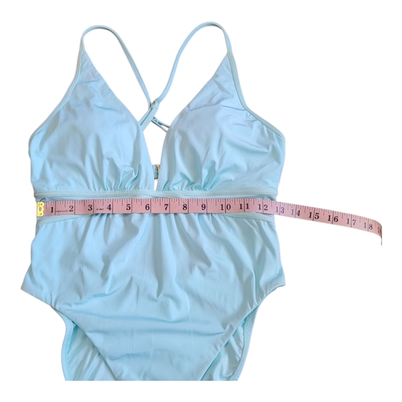 NWOT Bcbgmaxazria Plunging V-Neckline Shirr One Piece Swimsuit Aqua Blue Size 8 - Picture 14 of 17